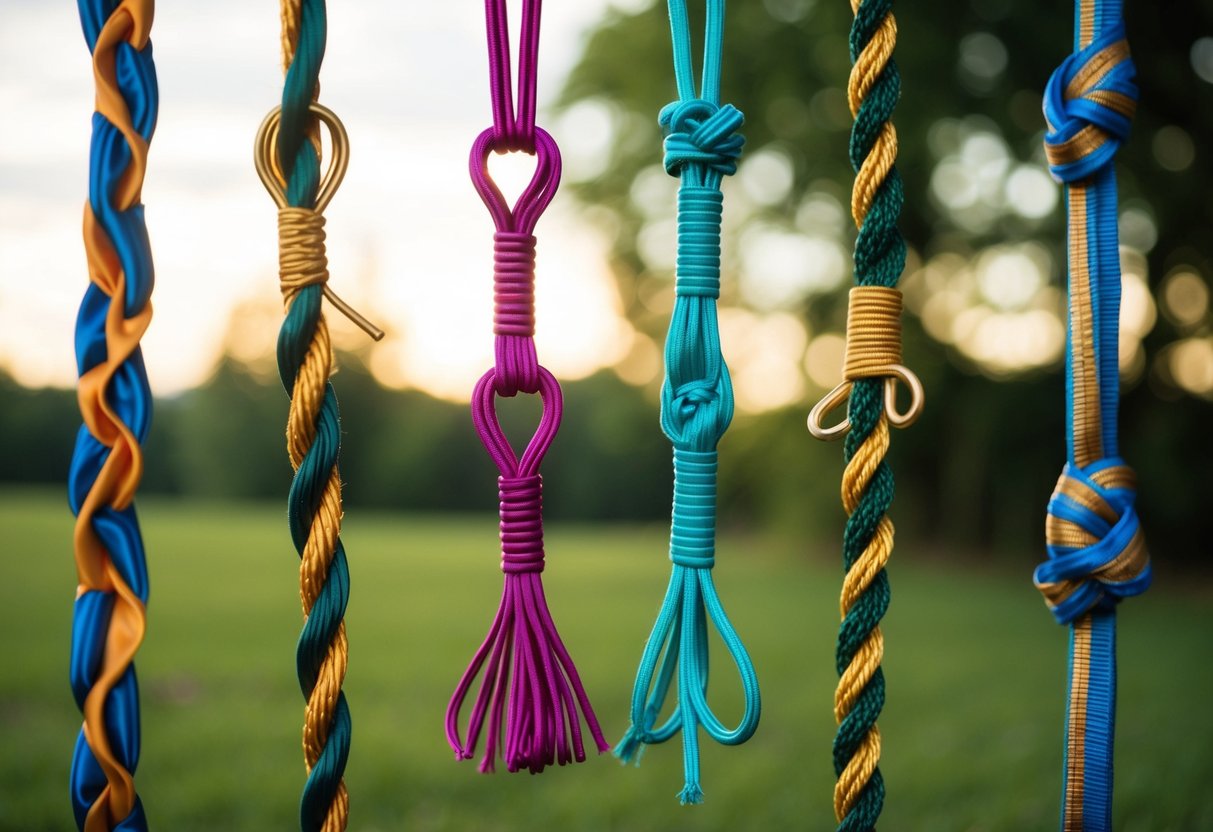 A serene outdoor setting with a colorful array of ribbons and cords tied in various intricate knots, symbolizing different ways to celebrate commitment without a traditional wedding