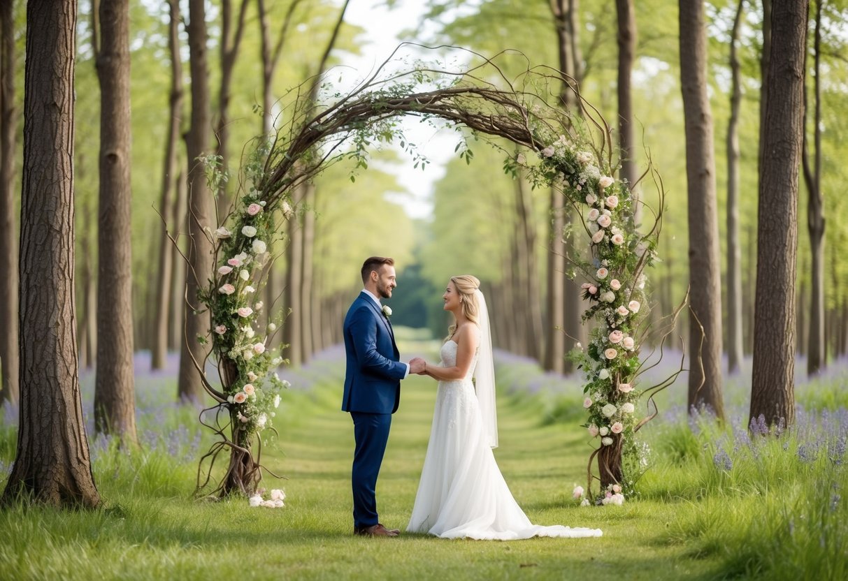 A couple walking through a tranquil forest, exchanging vows under a natural archway of intertwined branches and flowers