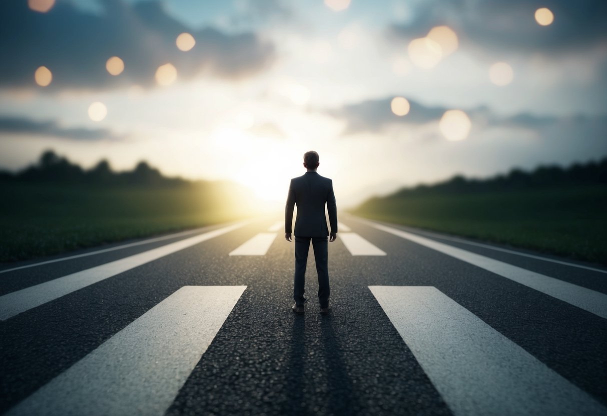A lone figure standing at a crossroads, with one path leading into darkness and the other into light