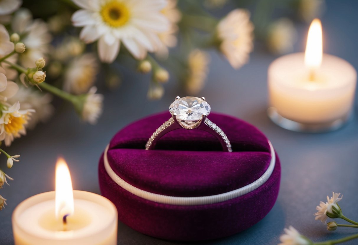 A sparkling diamond ring sits on a velvet cushion, surrounded by soft candlelight and delicate flowers