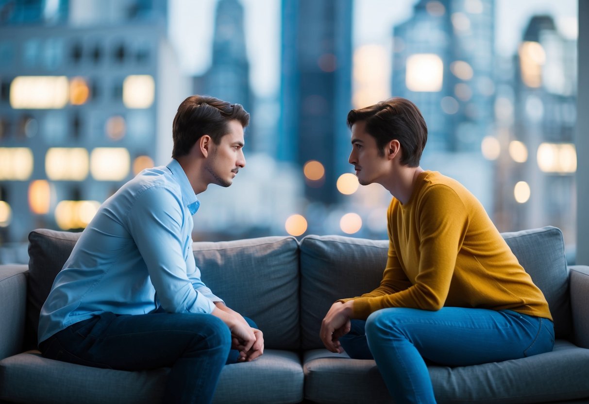 A couple sitting on opposite ends of a couch, facing away from each other, with tense body language and a gap between them