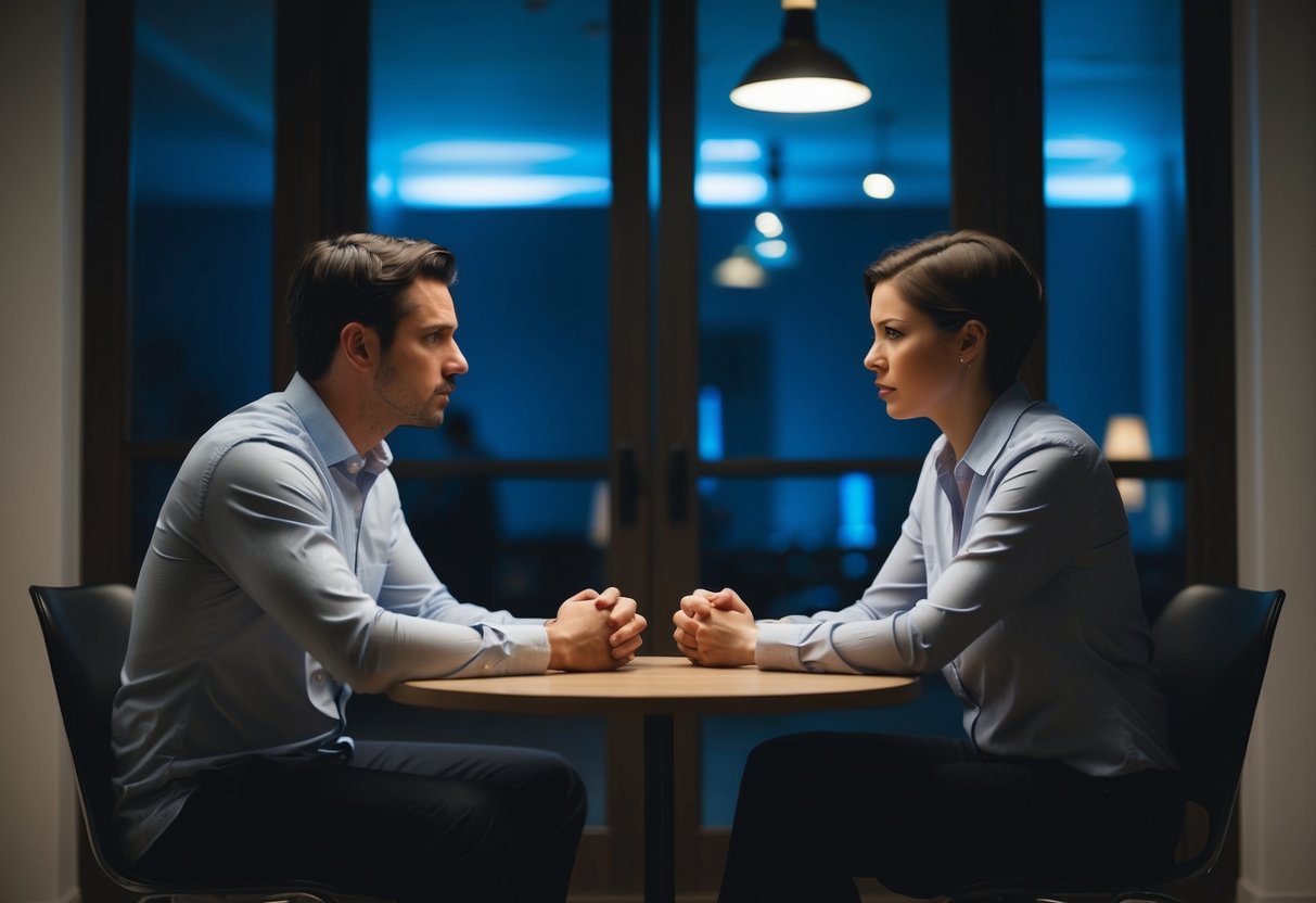 A couple sitting across from each other, their body language tense and distant. The room is dimly lit, with a sense of unease in the air