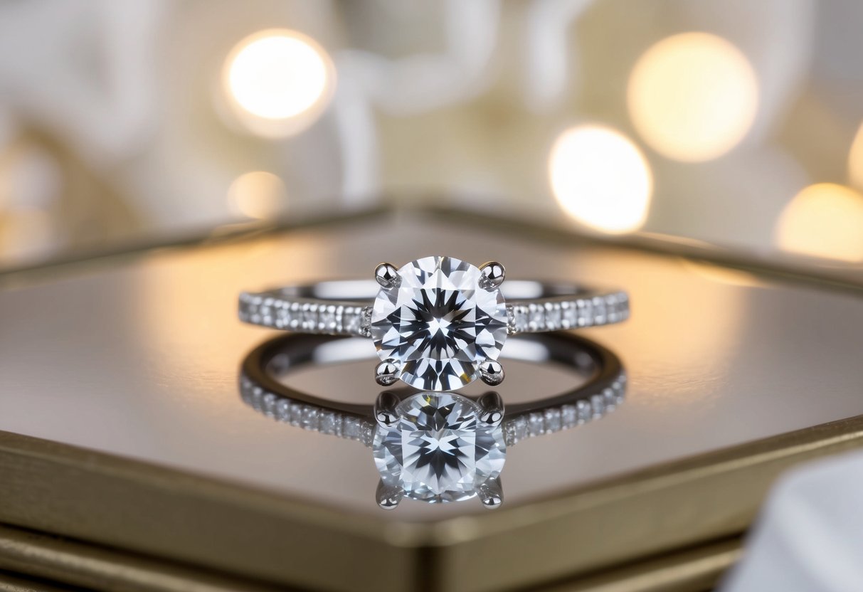 A gleaming diamond ring set on a delicate band, surrounded by soft lighting and elegant decor
