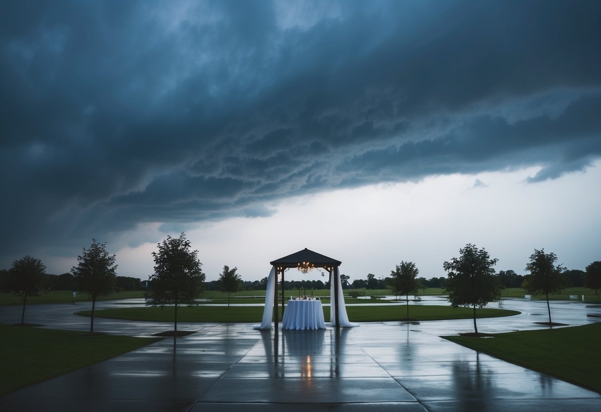 A gloomy, rainy Monday with dark clouds and a deserted outdoor wedding venue