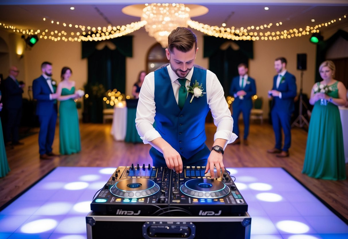 A wedding DJ setting up equipment in an elegant Irish venue, surrounded by twinkling lights and a dance floor