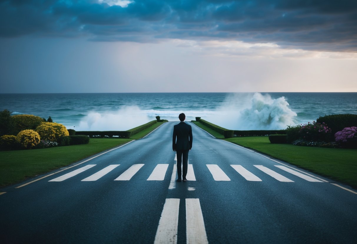 A lone figure stands at a crossroads, one path leading to a serene garden and the other to a stormy sea