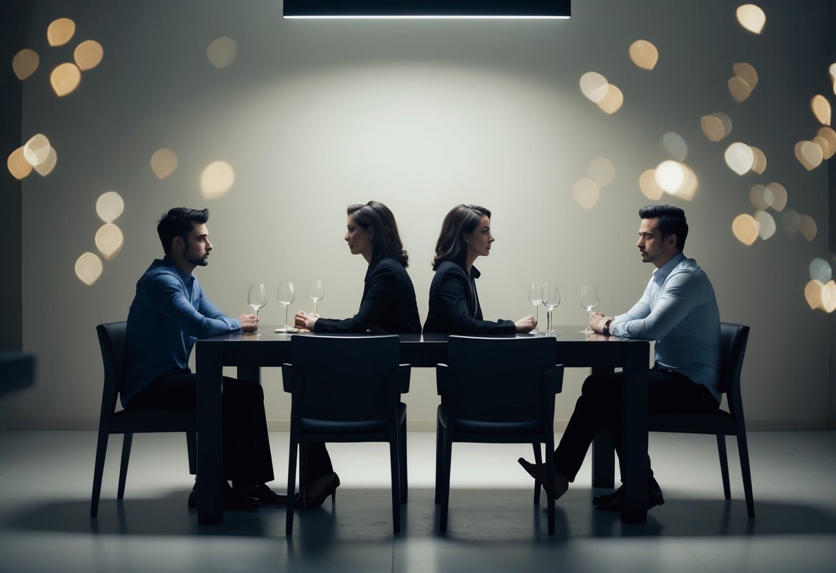 A couple sitting on opposite ends of a long dining table, their body language tense and distant. The room is dimly lit, with empty chairs symbolizing unspoken words
