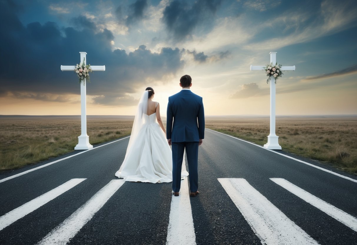 A figure standing at a crossroads, with one path leading to a wedding altar and the other to a desolate landscape. The figure looks back with a sense of regret