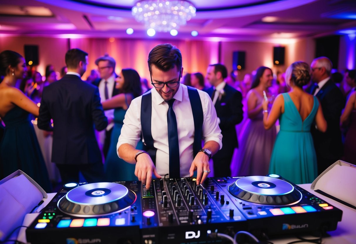A DJ mixing music at a wedding reception, surrounded by dancing guests and colorful lights