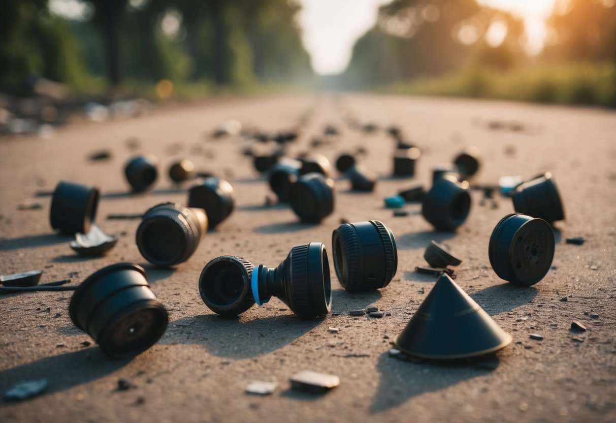 A group of broken traditional items scattered on the ground, symbolizing the impact of bride price violence