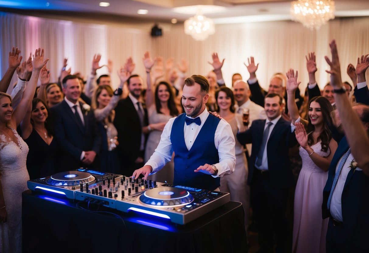 A wedding DJ receiving song requests from a crowd of guests with raised hands