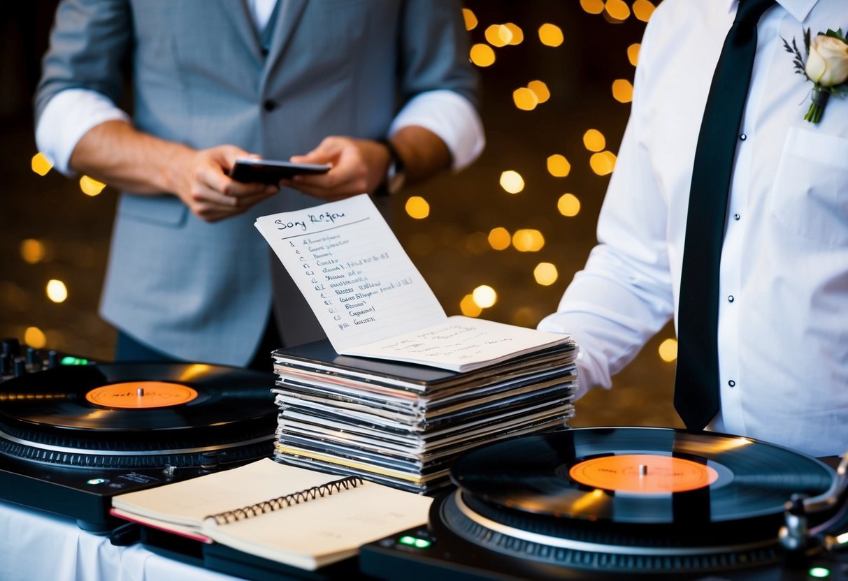 A wedding DJ surrounded by a stack of vinyl records and a notebook of song requests from the couple