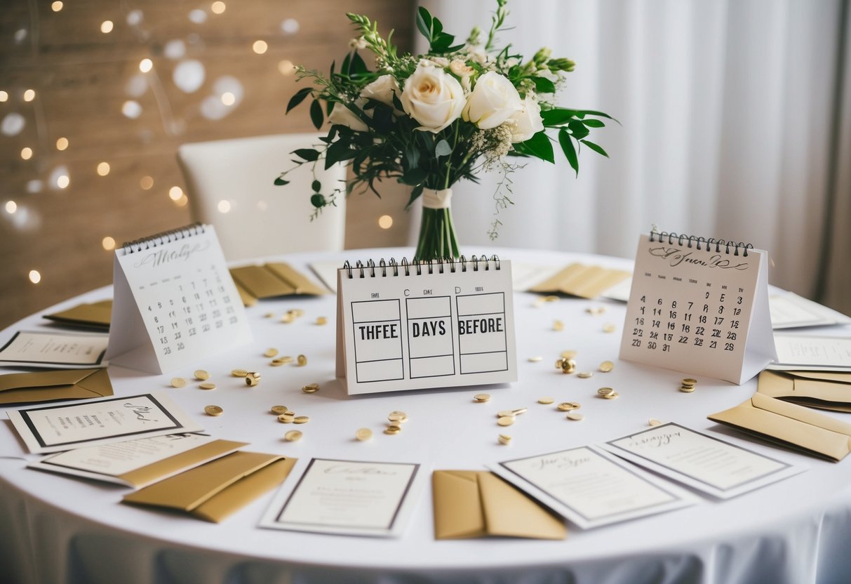 A table adorned with wedding decorations, surrounded by scattered invitations and a calendar marking three days before the wedding
