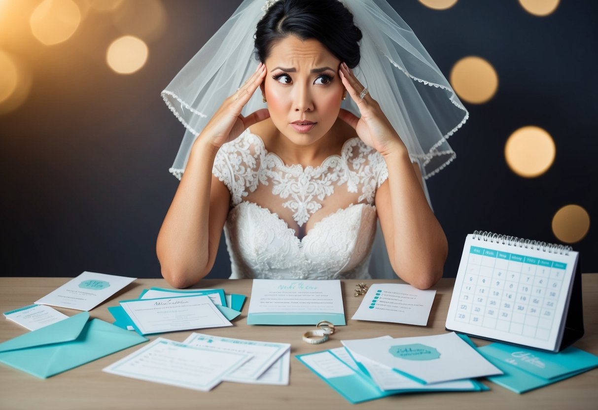 A busy bride-to-be surrounded by wedding invitations, a to-do list, and a calendar, with a worried expression on her face