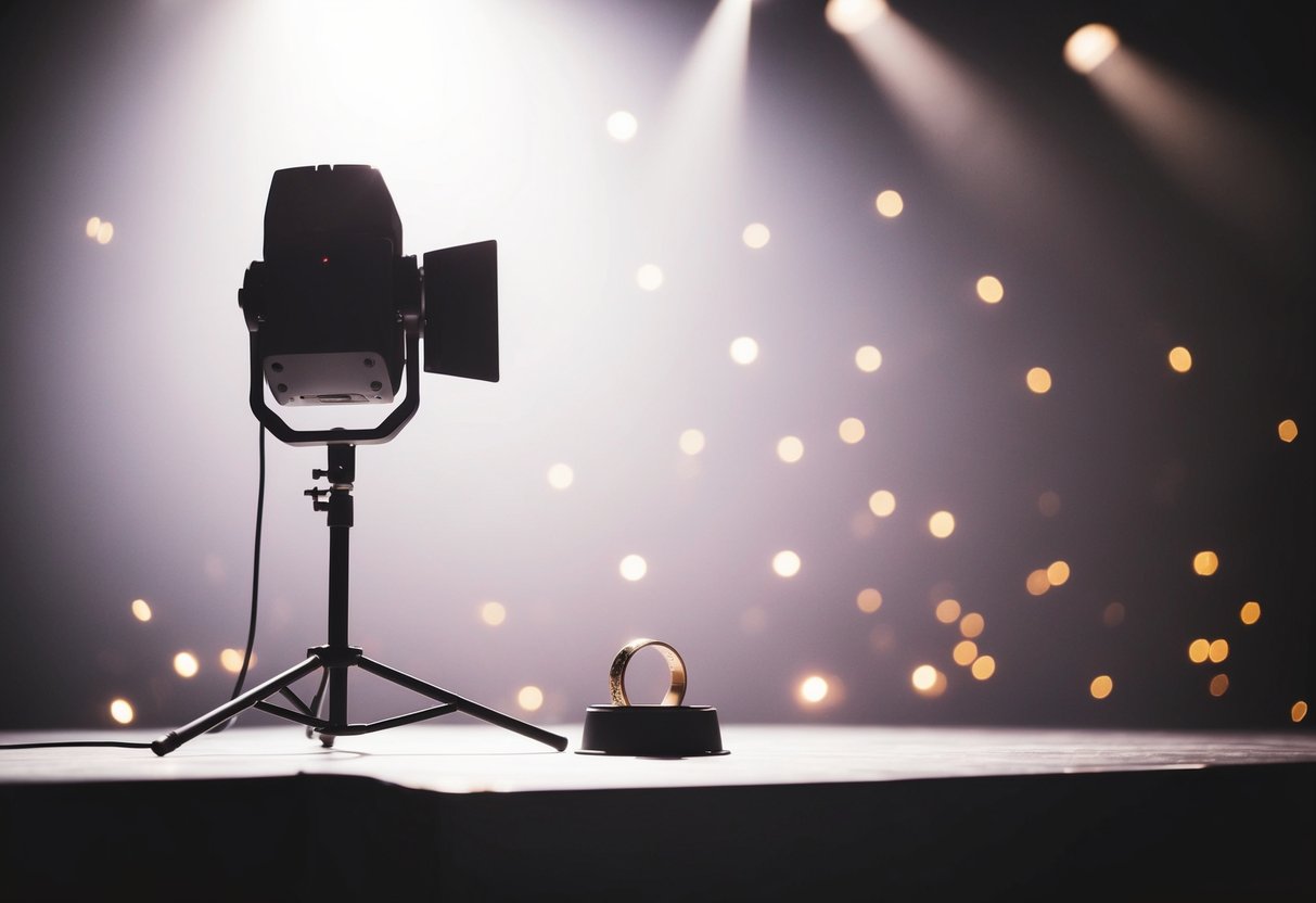 A spotlight shines on a solitary wedding band placed on a grand stage
