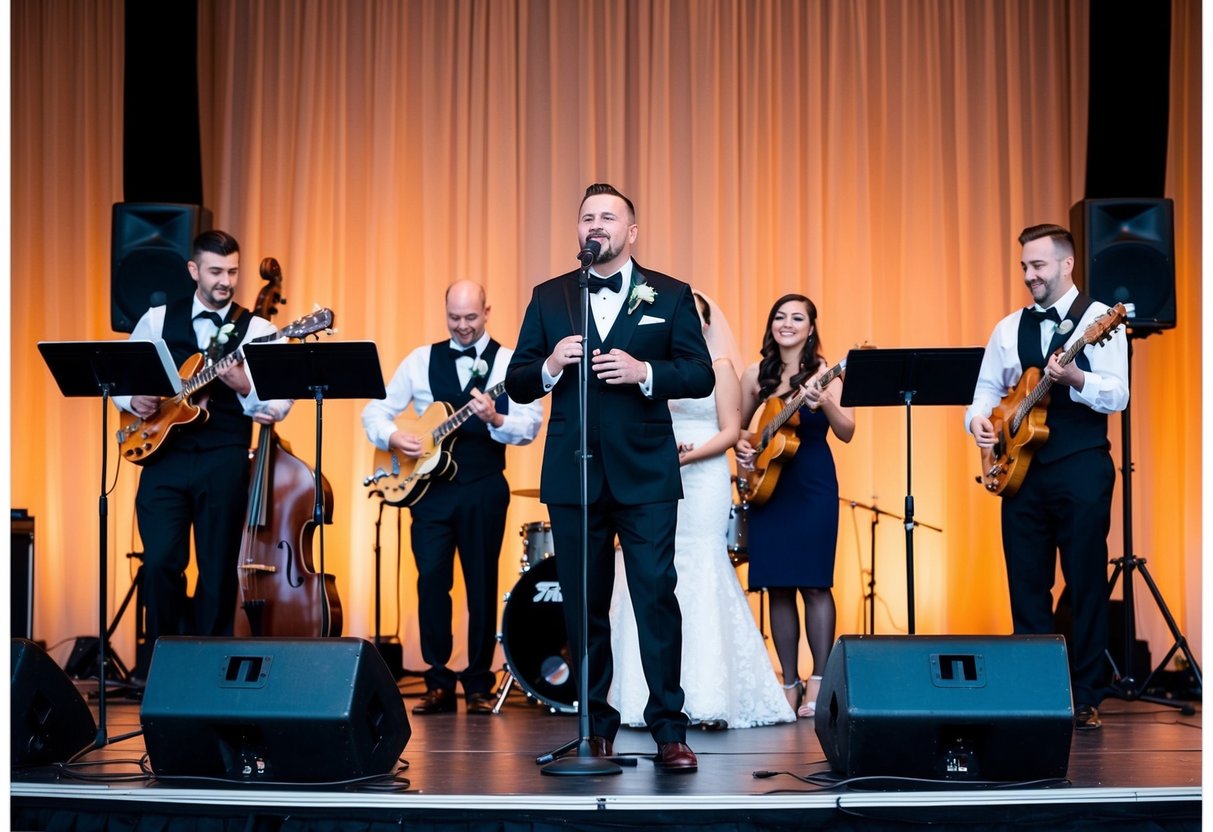 A wedding band performing on a stage, with appropriate size and layout for the musicians and their instruments