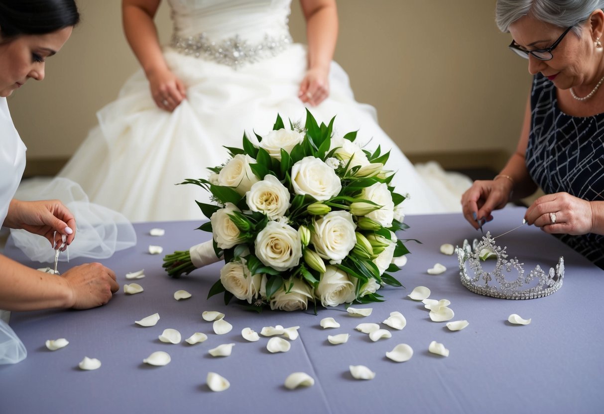 A bride's bouquet sits on a table surrounded by scattered flower petals. A seamstress puts final stitches on a wedding gown while a jeweler adds sparkle to a tiara