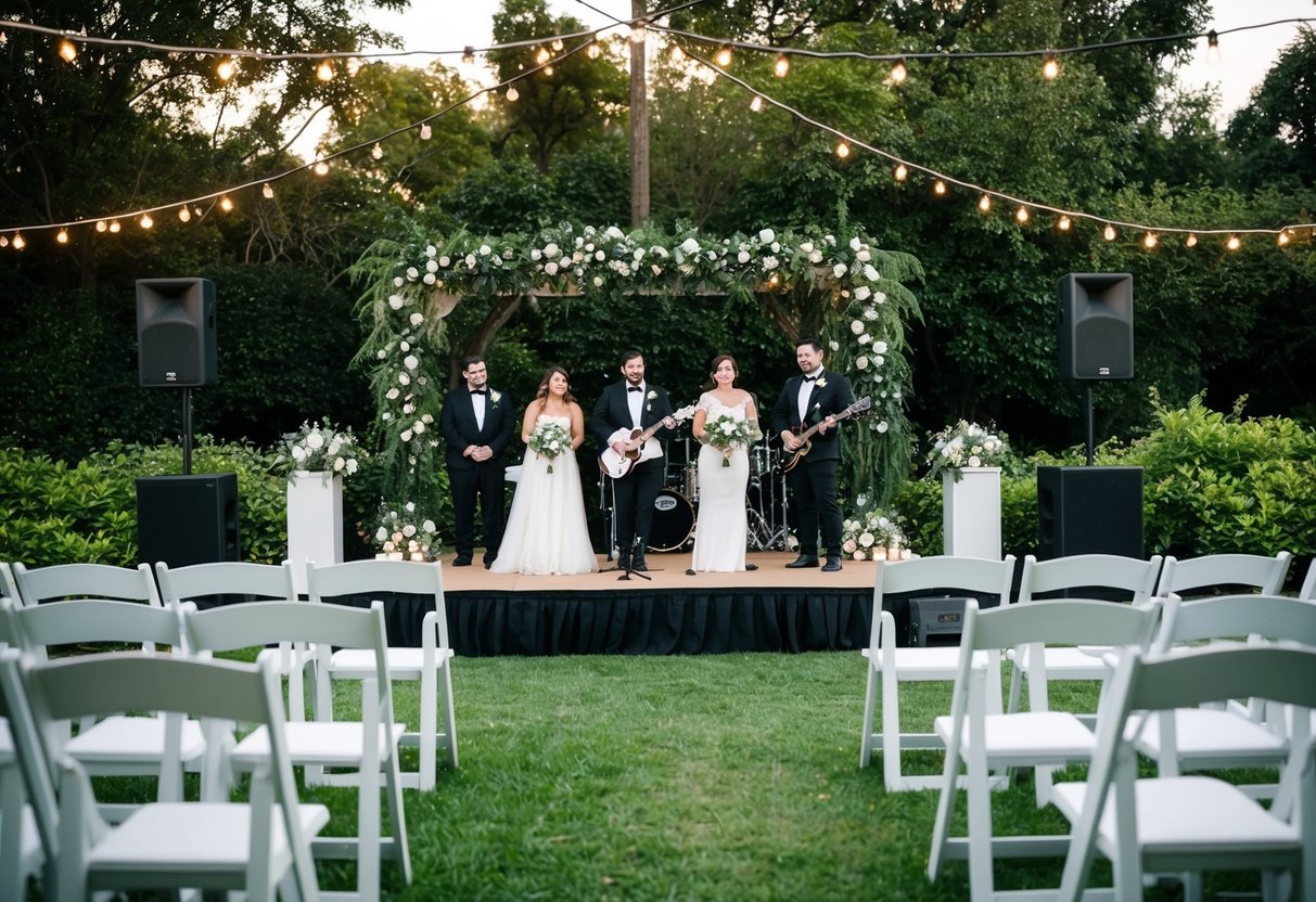 An outdoor wedding with a stage set up for a wedding band, surrounded by lush greenery and twinkling lights