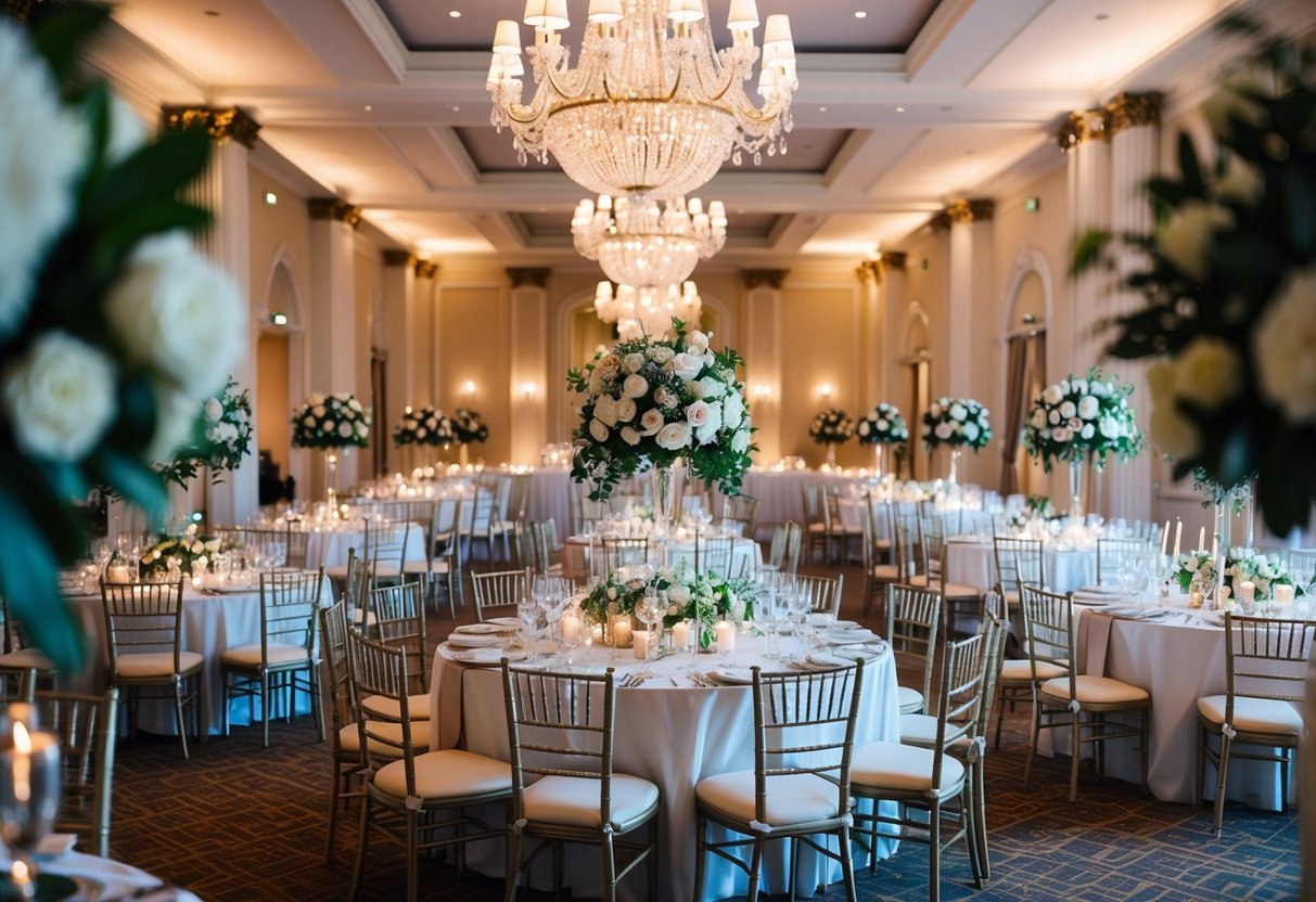 A grand wedding venue in the UK, adorned with elegant floral arrangements and luxurious decor, with a lavish banquet set up for the reception