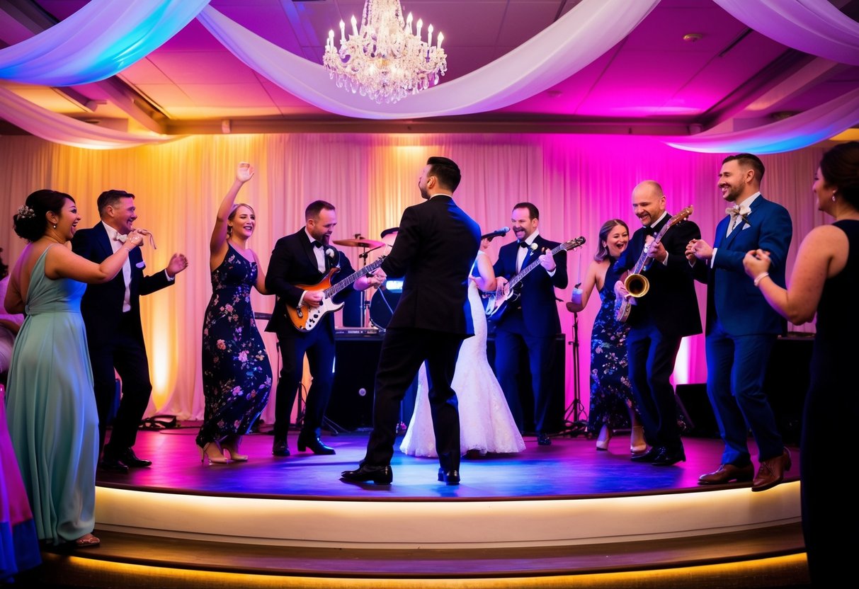 A lively wedding band performs on a raised stage, surrounded by dancing guests and colorful lighting