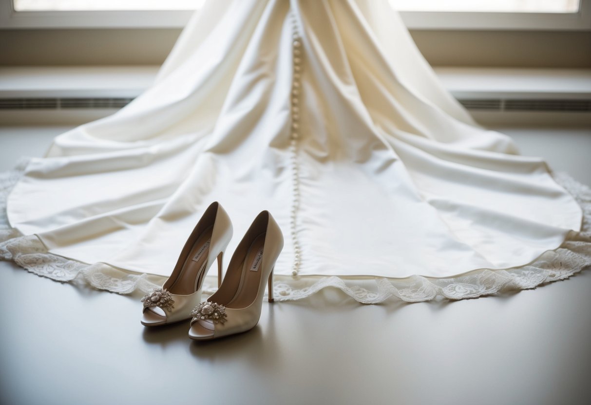 A woman's wedding dress laid out on a clean, flat surface, with a pair of elegant high heels placed neatly beside it