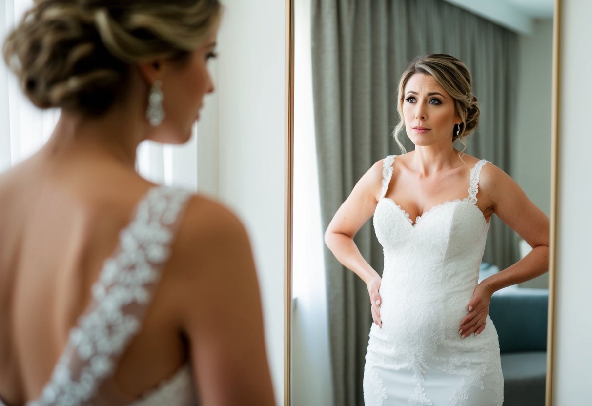 A woman standing in front of a mirror, wearing a wedding dress and looking concerned while trying to flatten her stomach