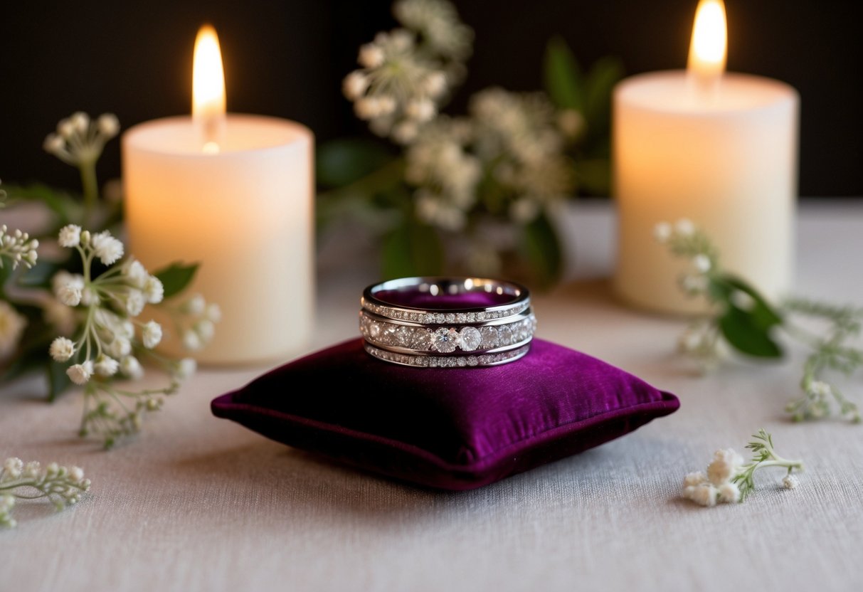 A wedding band resting on a velvet cushion, surrounded by soft candlelight and delicate floral arrangements