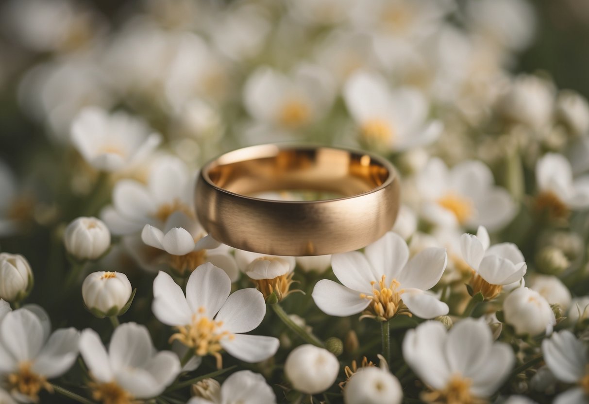 A simple gold wedding band resting on a bed of delicate white flowers