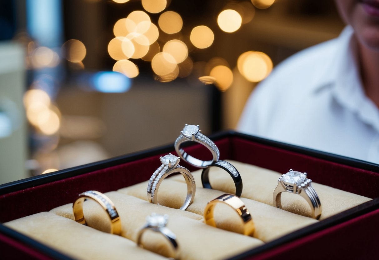 A jeweler presenting a selection of wedding bands on a velvet display tray