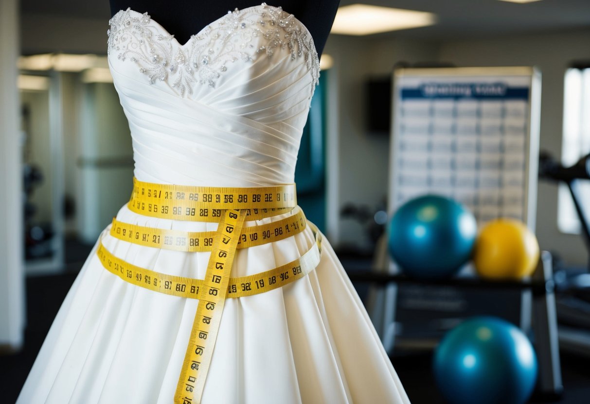 A measuring tape wrapped around a wedding dress, with a slimming chart and exercise equipment in the background