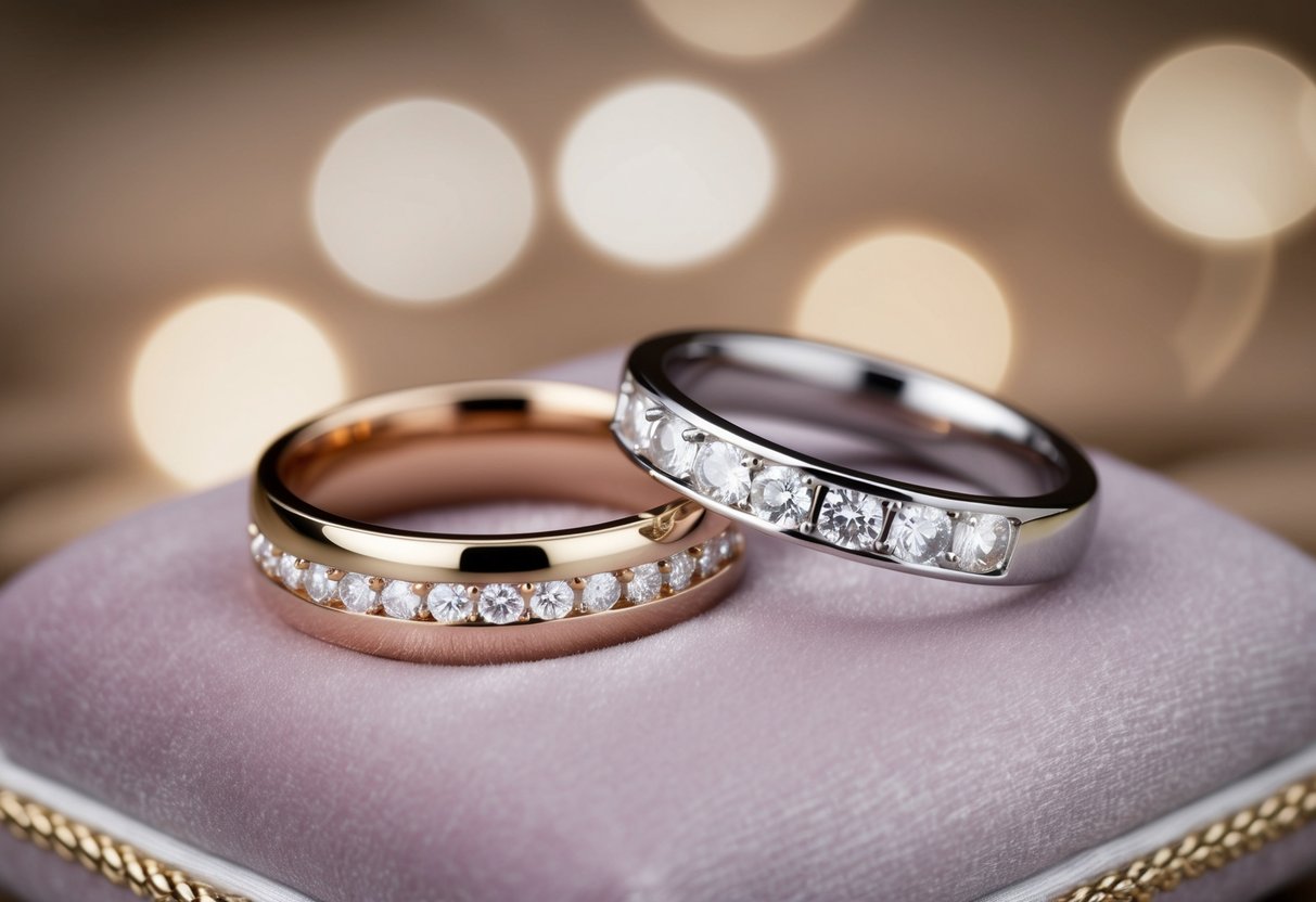 Two elegant rings resting on a soft velvet cushion, one adorned with diamonds and the other a simple band, symbolizing the union of engagement and marriage