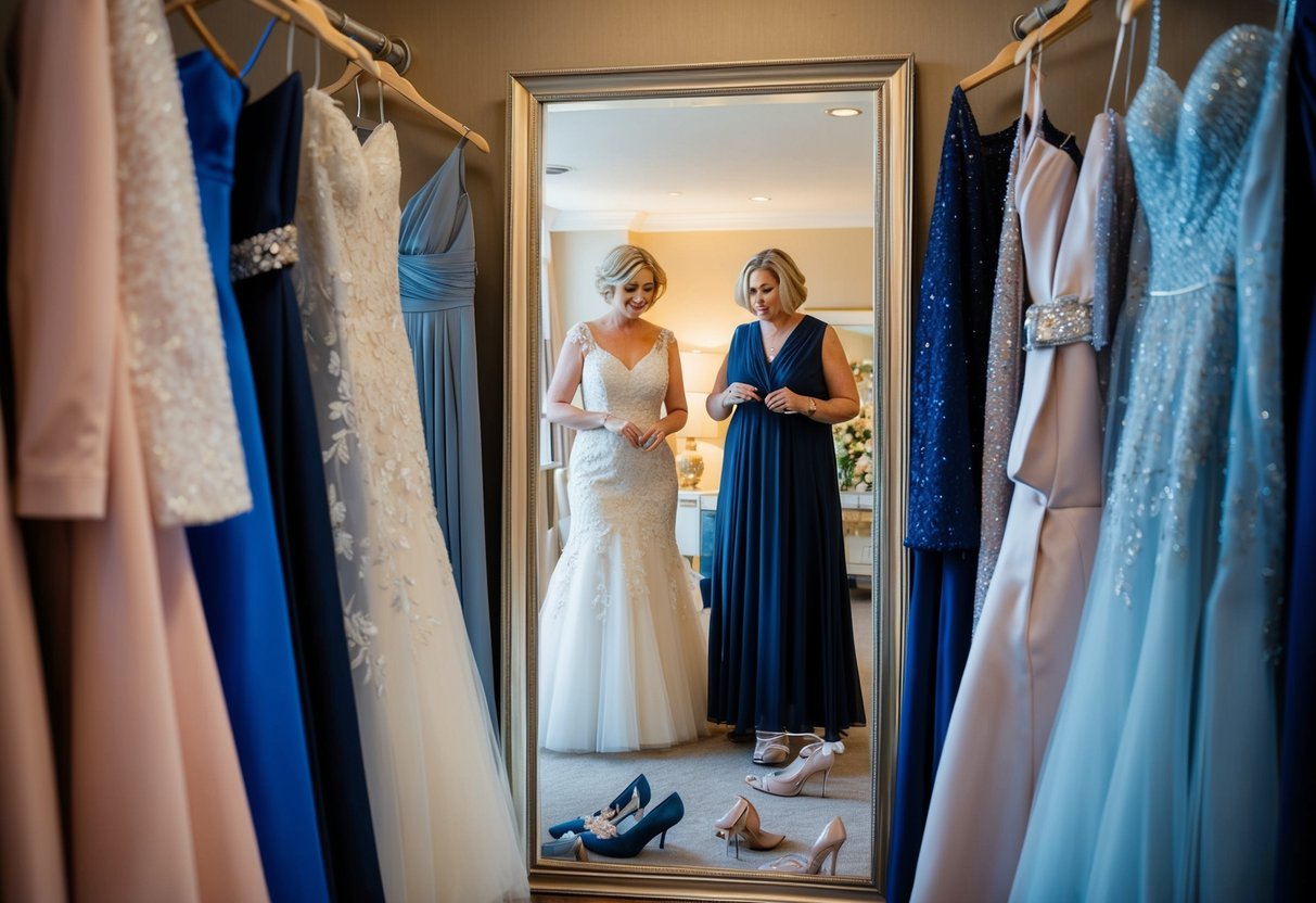 A woman stands in front of a full-length mirror, surrounded by elegant dresses and accessories. She carefully examines her options, seeking the perfect outfit for her daughter's wedding