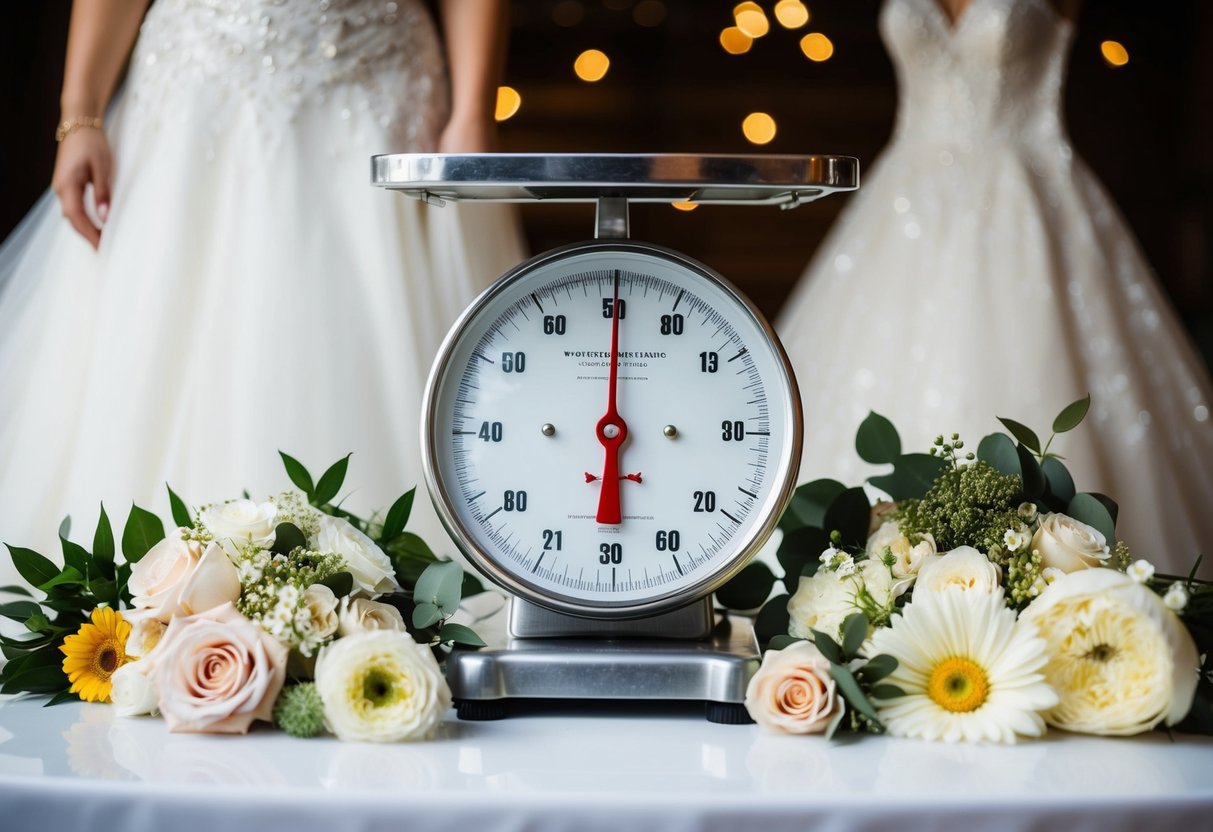 A scale surrounded by wedding-related items like a gown, flowers, and cake