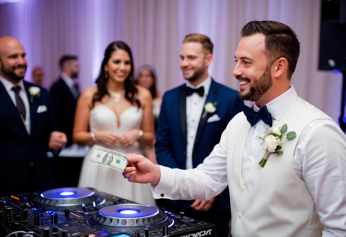 A groom handing money to a DJ at a wedding reception