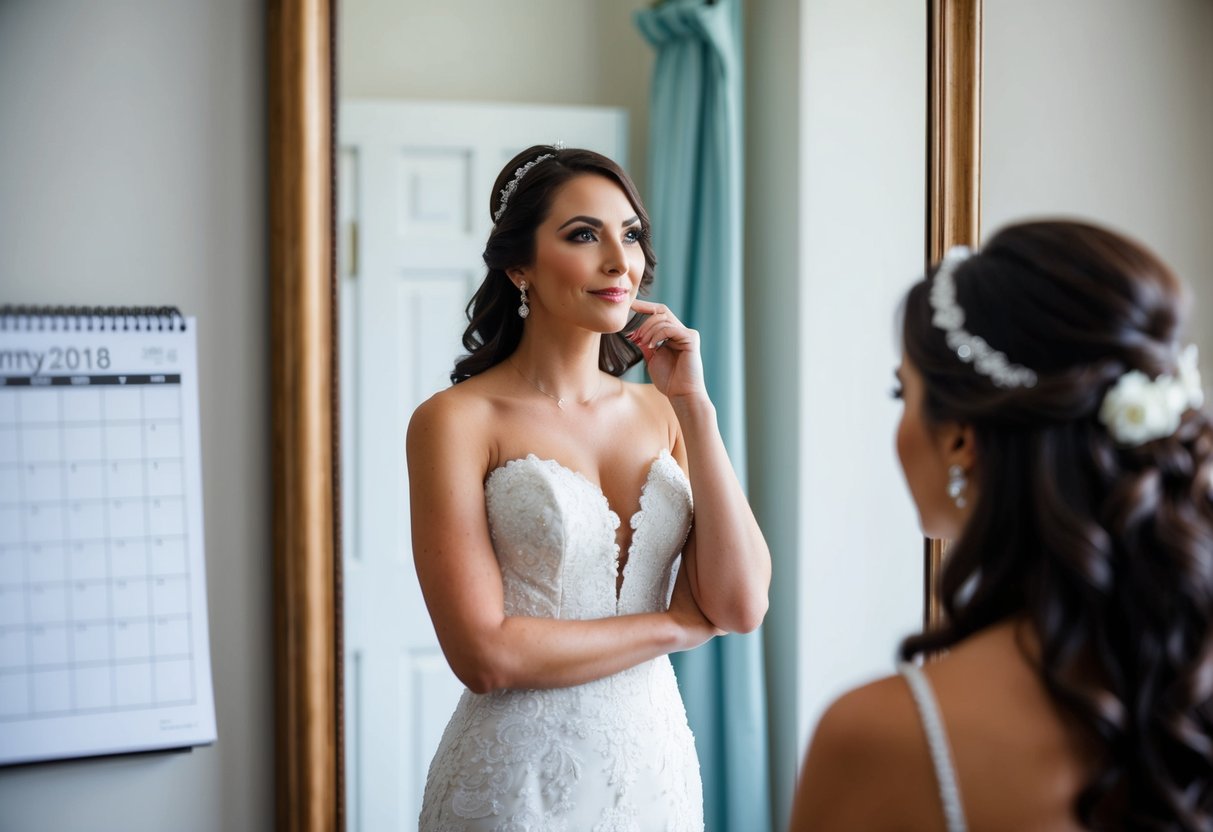 A woman standing in front of a mirror, wearing a wedding dress and looking at herself with a thoughtful expression. A calendar with a wedding date circled is visible in the background