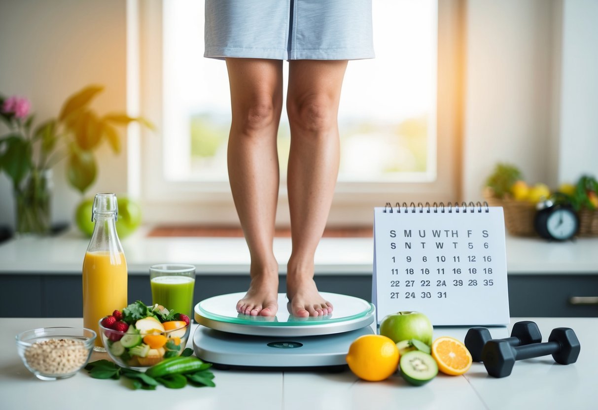 A person standing on a scale, surrounded by healthy food, exercise equipment, and a calendar with a wedding date marked