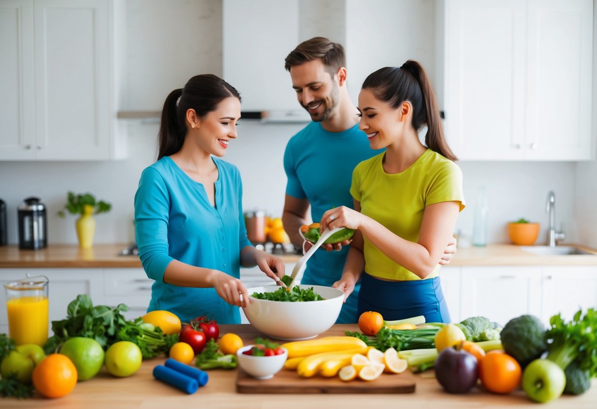 A happy couple preparing a healthy meal together, surrounded by fresh fruits, vegetables, and exercise equipment