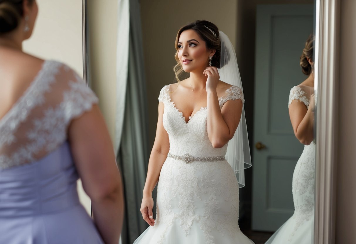 A woman standing in front of a mirror, trying on a wedding dress, with a thoughtful expression on her face as she contemplates her weight loss journey