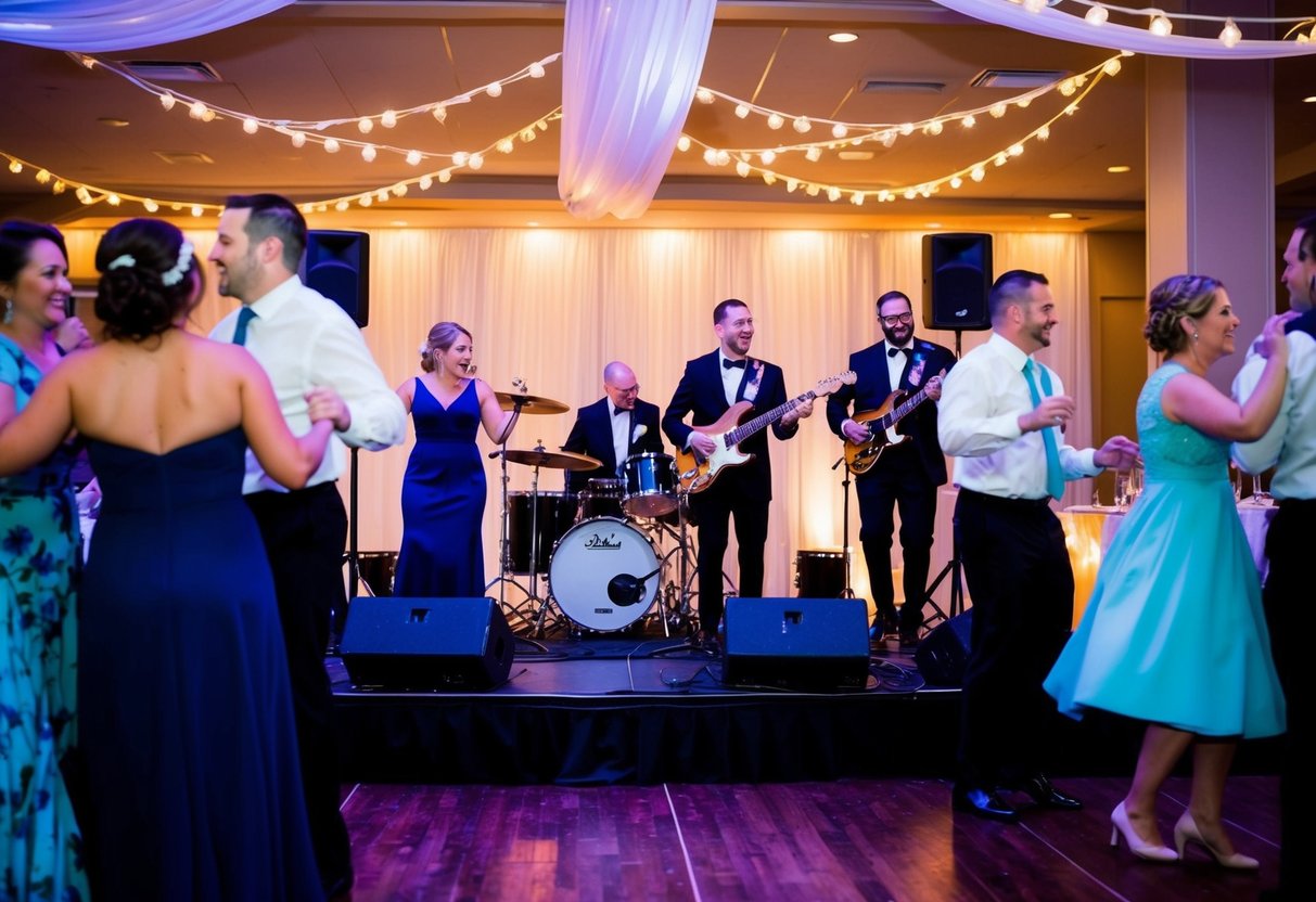 A band plays on a stage at a wedding reception, surrounded by dancing guests and twinkling lights