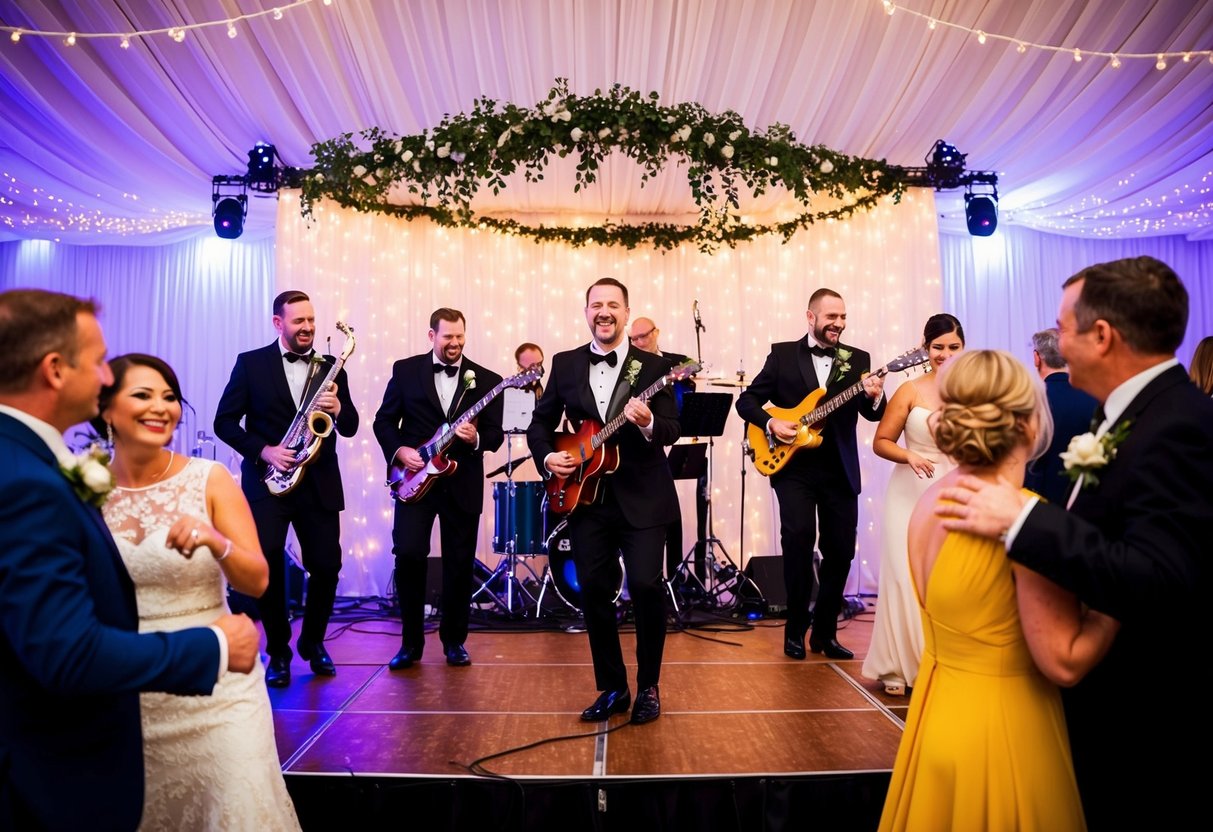 A lively wedding band performs on a stage adorned with twinkling lights, surrounded by dancing guests and a festive atmosphere