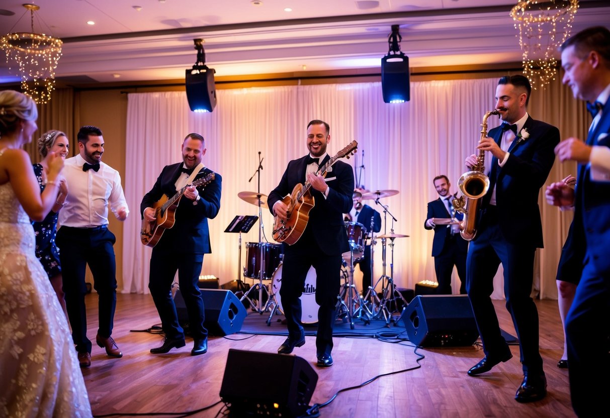 A wedding band performs on a stage, surrounded by dancing guests and twinkling lights. The band members play their instruments with passion, creating a lively and joyful atmosphere