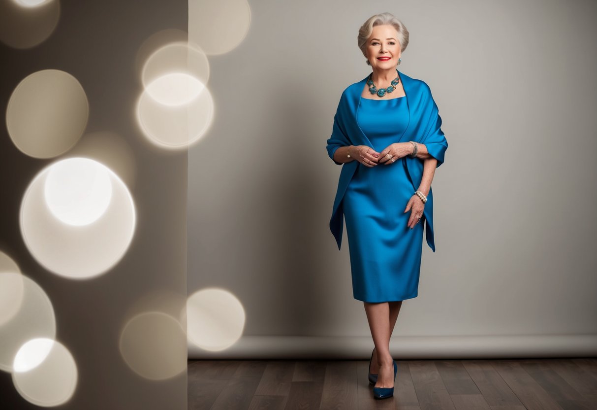 An older woman in a knee-length, elegant dress with a matching shawl, accessorized with statement jewelry and low-heeled, closed-toe shoes