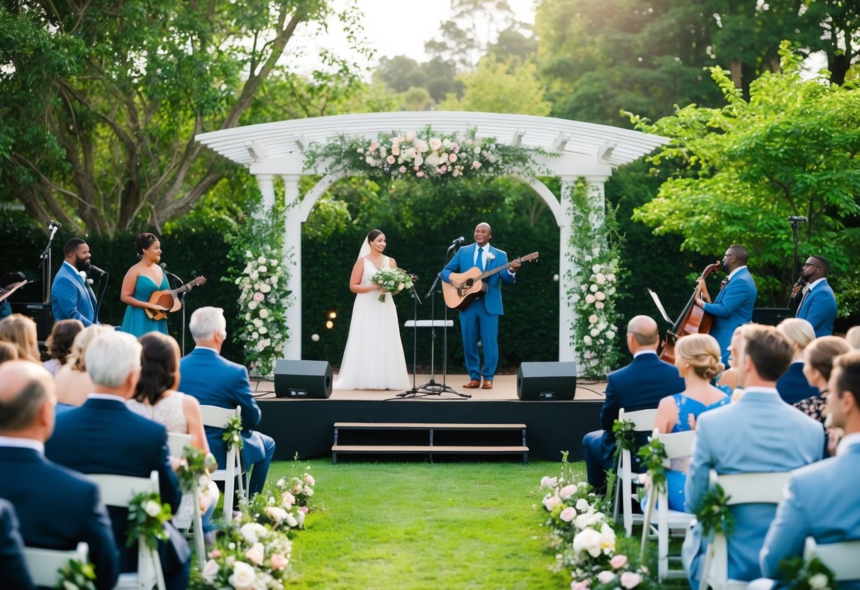 A serene outdoor wedding ceremony with live musicians performing on a stage, surrounded by lush greenery and blooming flowers