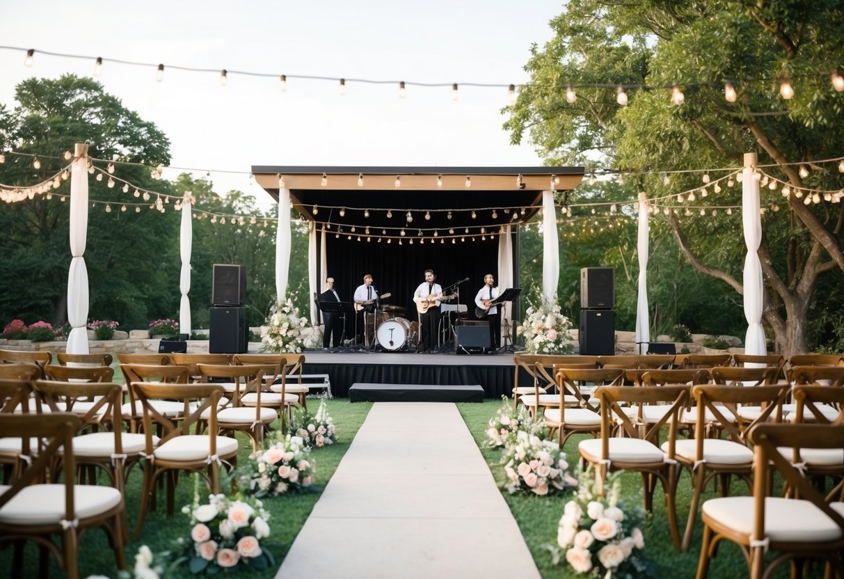 A serene outdoor wedding venue with a stage and live band setup, surrounded by string lights and floral decorations