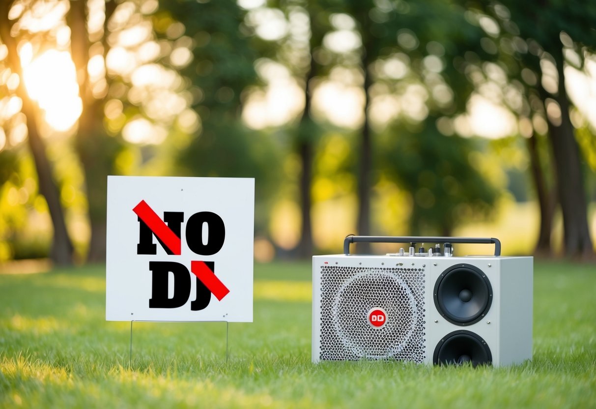 A serene outdoor wedding setting with a complete sound system and a sign indicating "No DJ" with a red circle and line through it