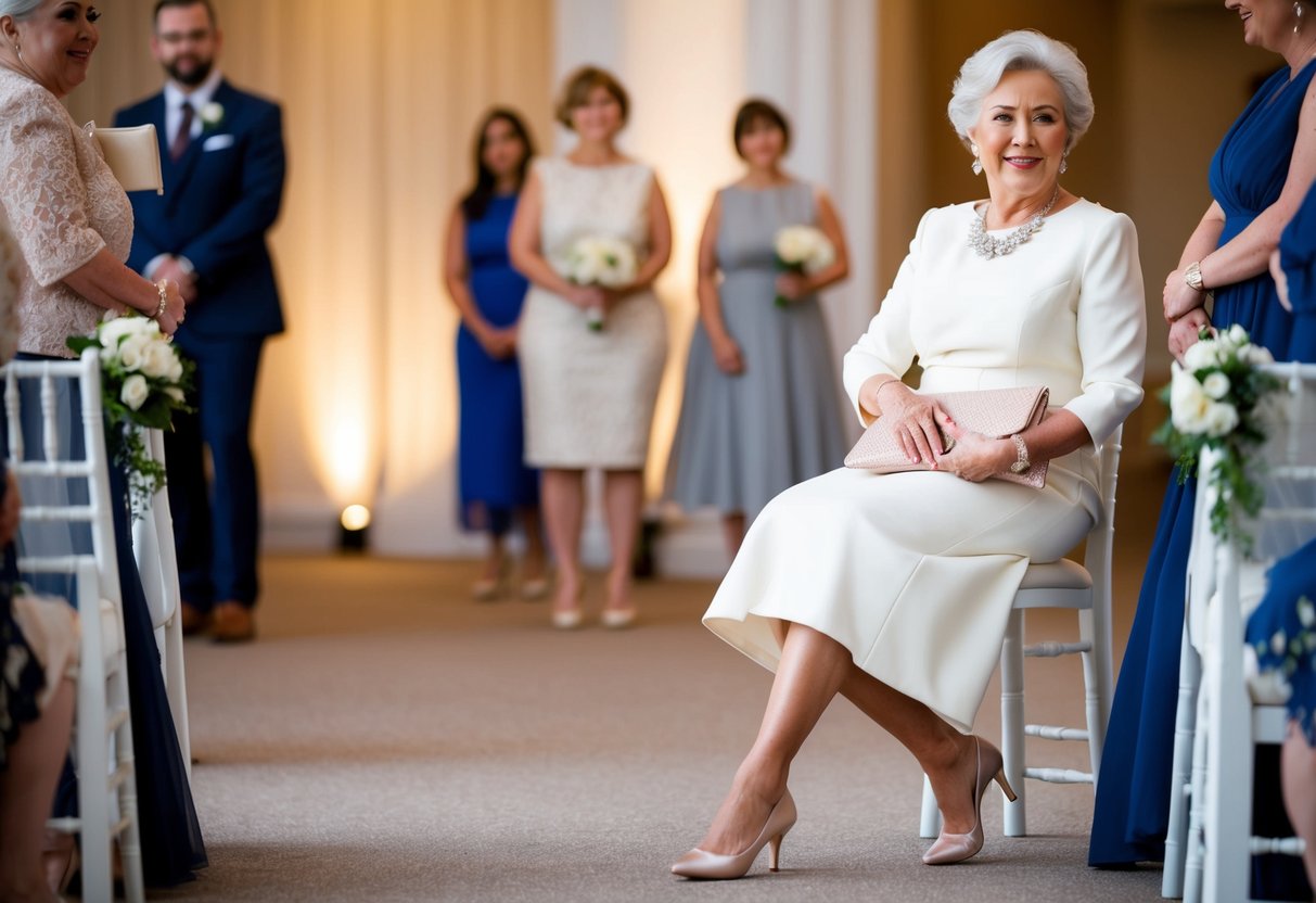 An older woman in a knee-length, elegant dress, with a statement necklace, clutch, and heels, looking sophisticated and confident at a wedding