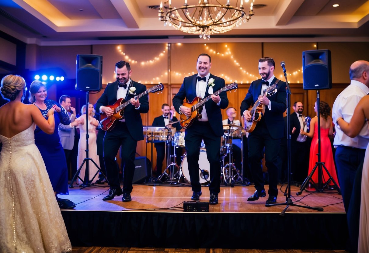A lively band performs on a stage at a wedding venue, surrounded by dancing guests and twinkling lights