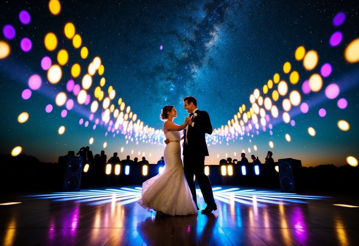 A couple dances under a starry sky, surrounded by colorful lights and sound waves emanating from a central music system