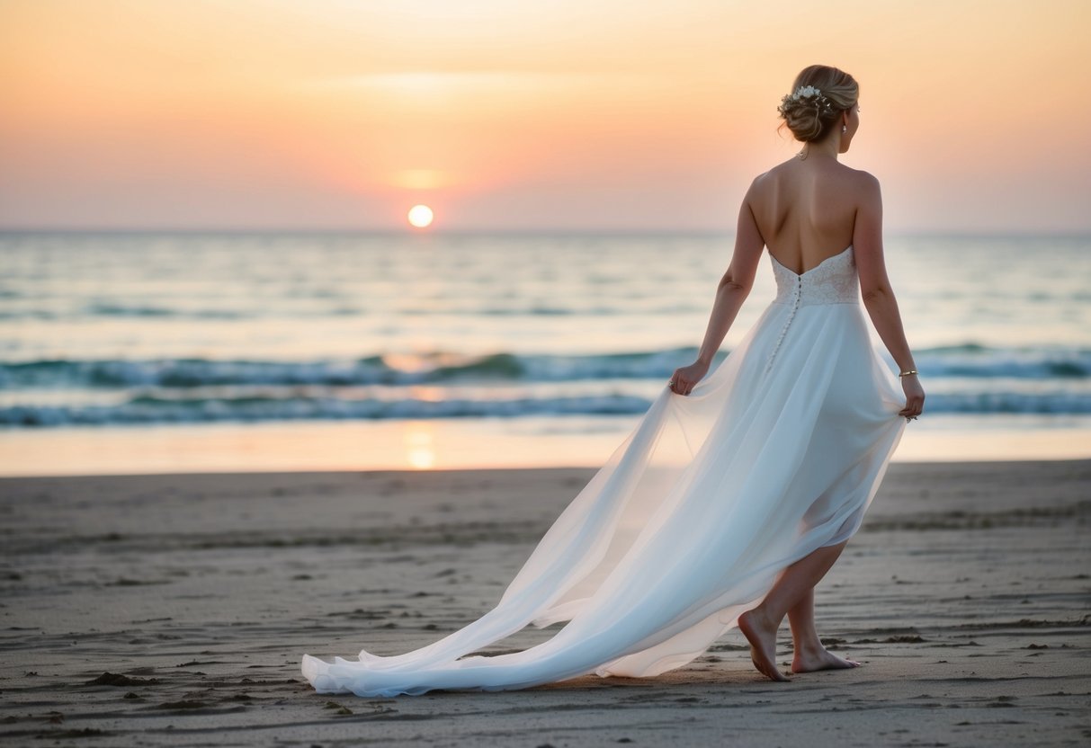A bride walks barefoot on a sandy beach, her flowing white dress trailing behind her. The setting sun casts a warm glow over the tranquil ocean