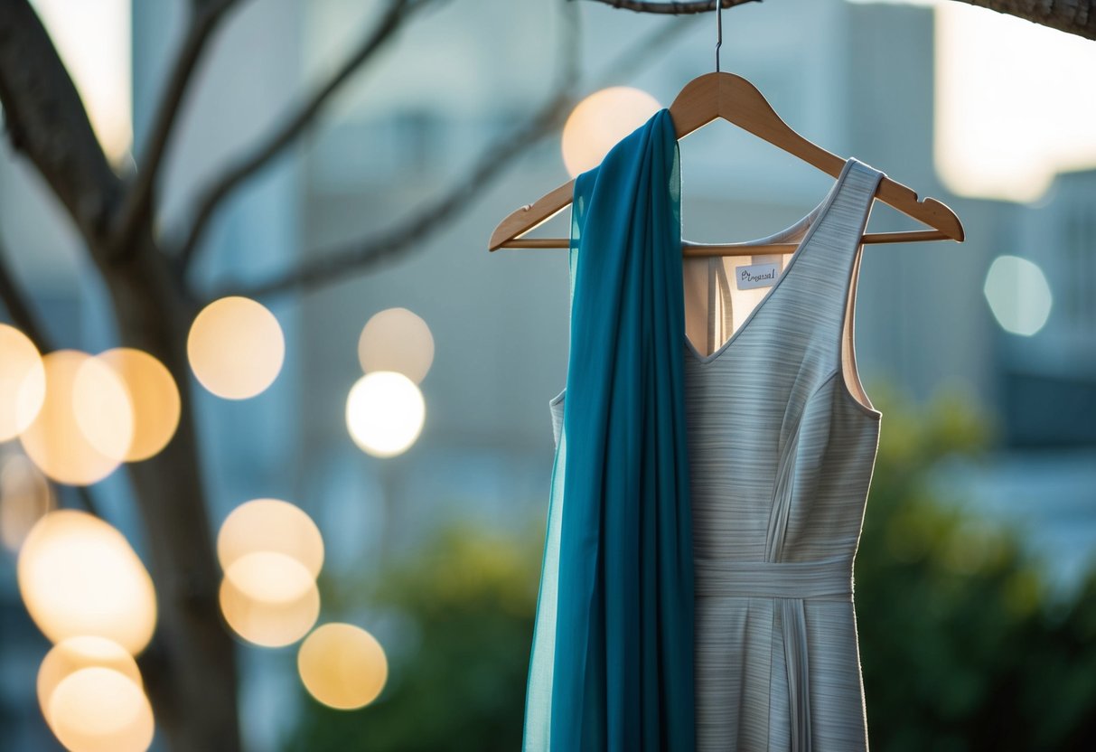 A sleeveless dress draped over a hanger, partially obscured by a flowing scarf